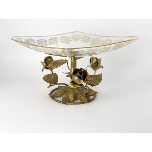 Vtg Rose Gold Gilt Tole Hollywood Regency Compote Bowl Dish Italy 1940's-50's